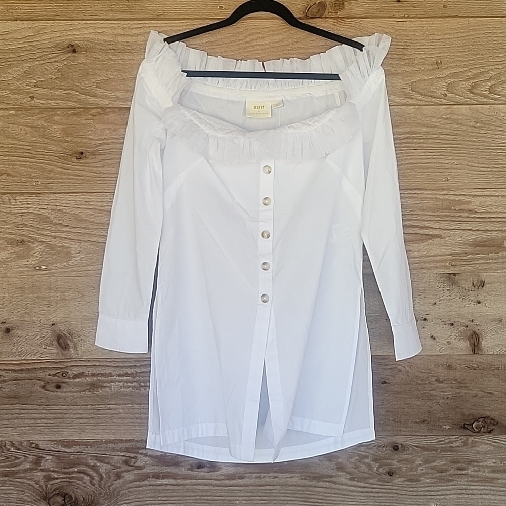 NWT Anthropologie Maeve White Tulle Trimmed Button Down Off the Shoulder XSmall